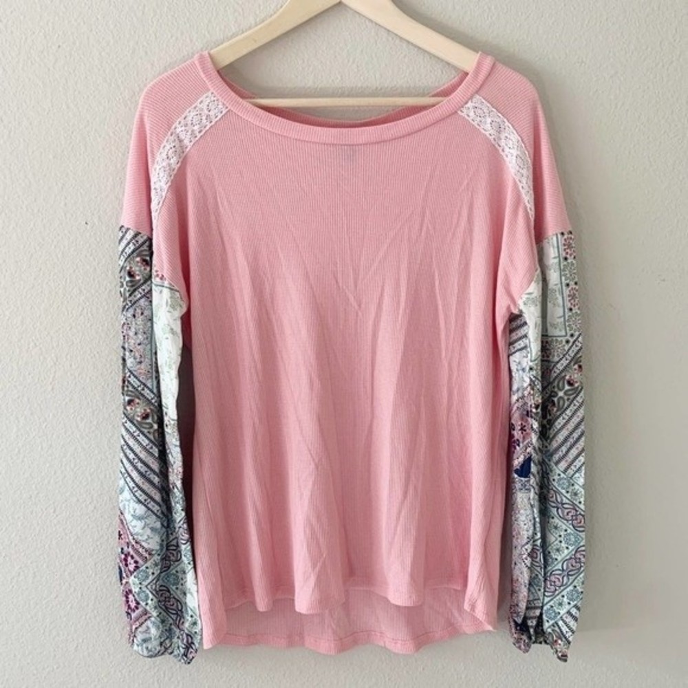 ALYA Mixed Media Pink Paisley Print Sleeves Waffle Blouse Size Medium